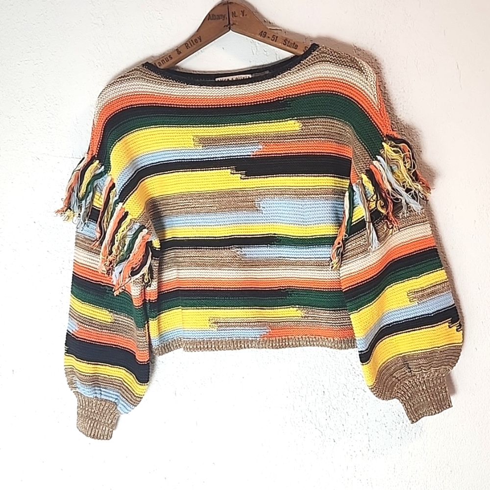 Alice + Olivia Claudette Fringe Sweater cotton blend, sz XS